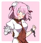  bandaged_arm bandages between_breasts blush breasts bun_cover chain cuffs d: double_bun embarrassed head_tilt highres ibaraki_kasen kz_oji looking_down medium_breasts open_mouth pink_eyes pink_hair puffy_short_sleeves puffy_sleeves shackles short_hair short_sleeves solo strap_cleavage tabard touhou upper_body wardrobe_malfunction 