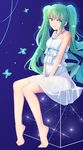  barefoot blue_eyes bug butterfly dress feet green_hair hands_on_lap hatsune_miku insect long_hair looking_at_viewer muko_(kokia38) see-through sitting smile solo twintails very_long_hair vocaloid white_dress 