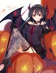  bare_shoulders black_dress black_hair collarbone commentary_request criss-cross_halter demon_girl demon_horns demon_tail demon_wings dress earrings fishnet_legwear fishnets floral_print garter_straps halloween halterneck happy_halloween high_heels highres hiiragi_souren horns jewelry long_hair looking_at_viewer off_shoulder original pumpkin red_eyes rose_print sitting solo succubus tail thighhighs wings 