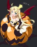  aqua_eyes bare_shoulders bat_wings black_gloves blonde_hair blush choker crown demon_girl elbow_gloves fang flat_chest gloves highres jack-o'-lantern long_hair looking_at_viewer melissa_seraphy mtu_(orewamuzituda) open_mouth pointy_ears pumpkin solo succubus translated waga_mama_capriccio wings 