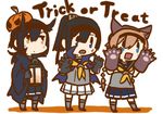  :o akizuki_(kantai_collection) animal_ears betchan black_hair blue_eyes braid brown_eyes cape chibi commentary_request fake_animal_ears fang gloves hair_flaps halloween_costume hatsuzuki_(kantai_collection) kantai_collection lantern light_brown_hair long_hair multiple_girls neckerchief paw_gloves paws pleated_skirt ponytail pumpkin_hat sailor_collar skirt teruzuki_(kantai_collection) trick_or_treat v-shaped_eyebrows white_background wolf_ears 