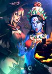  bad_hands bakki blue_skin candy devi_symmetra food hat jack-o'-lantern lollipop looking_at_viewer mercy_(overwatch) ok_sign open_mouth overwatch pumpkin symmetra_(overwatch) thighhighs tongue tongue_out witch_hat witch_mercy 