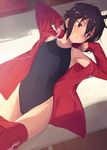  black_hair blush breasts competition_school_swimsuit jacket jpeg_artifacts kinta_(distortion) lying on_back one-piece_swimsuit open_track_jacket original pants pants_pull red_eyes short_hair small_breasts solo swimsuit track_jacket track_pants 