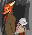  2016 anthro back_to_back canine clothed clothing coat disney duo female fox judy_hopps lagomorph male mammal nick_wilde rabbit standing thephantombeyond zootopia 