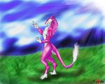  2016 anthro fur long_tail looking_at_viewer male mammal pink_fur sergal simple_background white_fur 