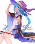  absurdres belt_pouch blouse blue_eyes blue_hair braid breasts cape closed_mouth commentary_request covered_nipples feet_out_of_frame gem hair_between_eyes hair_ornament hair_ribbon hand_on_headwear hat highres holding holding_staff jewelry knees_together_feet_apart long_hair medium_breasts mushoku_tensei orange_ribbon pouch purple_hat quad_braids ribbon roxy_migurdia ryokucha_(i_cobalt) side_braid simple_background sitting solo staff very_long_hair white_background wind witch_hat 