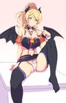  &gt;:) ayase_eli basket bat_wings blonde_hair blue_eyes bow bow_panties breasts cameltoe cleavage crop_top cross-laced_clothes demon_horns detached_collar detached_sleeves fake_horns garter_straps hair_between_eyes halloween horns large_breasts leg_up looking_at_viewer love_live! love_live!_school_idol_festival love_live!_school_idol_project microskirt midriff navel neck_ribbon othel_(hatimorris) panties pink_background pink_ribbon pink_scrunchie ponytail puffy_short_sleeves puffy_sleeves ribbon scrunchie short_sleeves sitting skirt smile solo spread_legs strap_pull thighhighs toes underwear v-shaped_eyebrows white_panties wings 