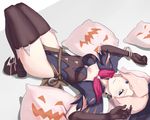  alternate_costume black_legwear blonde_hair blue_eyes boots bracelet earrings hat highres jack-o'-lantern jewelry looking_at_viewer lying mercy_(overwatch) on_back overwatch pillow quentin_lecuiller solo thighhighs witch_hat witch_mercy 