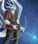  2013 5_fingers anthro armor arrow belt blue_background blue_eyes blue_fur blue_tail bow_(weapon) bracers claws clothed clothing crystal czgoldedition digital_media_(artwork) digital_painting_(artwork) dragon fur furred_dragon grey_nose hi_res holding_object holding_weapon horn ice jewelry male membranous_wings multicolored_fur necklace portrait quiver ranged_weapon signature simple_background solo standing three-quarter_portrait two_tone_fur two_tone_tail watermark weapon whiskers white_fur white_horn white_tail wings 