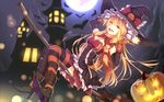  alternate_costume bakanoe bat blonde_hair bow braid breasts cleavage dress elbow_gloves flying gloves halloween halloween_costume hat highres kirisame_marisa medium_breasts moon night night_sky pumpkin red_bow sky solo touhou witch witch_hat yellow_eyes 