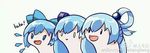  3girls aqua_(konosuba) blue_hair chibi cirno color_connection hair_color_connection hair_ribbon hat ice ice_wings icebangbang kono_subarashii_sekai_ni_shukufuku_wo! multiple_girls ponytail quincy_(zhan_jian_shao_nyu) ribbon smile smug touhou trait_connection watermark wings zhan_jian_shao_nyu 