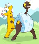  ageplay ambiguous_gender blue_eyes blush diaper feral fur girafarig grass kurikia looking_at_viewer nintendo pacifier pok&eacute;mon sky standing video_games yellow_fur 