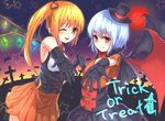  bat bat_wings black_cape black_gloves black_hat blonde_hair blue_hair borushichi bow bowtie cape commentary cross-laced_clothes elbow_gloves evening fang_out flandre_scarlet frilled_sleeves frills ghost gloves gradient_sky hair_ornament halloween hat holding_hands jack-o'-lantern jack-o'-lantern_hair_ornament mini_hat mini_top_hat miniskirt moon multiple_girls orange_shirt orange_skirt outstretched_arm pleated_skirt red_bow red_eyes red_moon red_neckwear remilia_scarlet shirt short_hair short_sleeves side_ponytail skirt sky sleeveless smile star star_(sky) starry_sky tombstone tongue tongue_out top_hat touhou trick_or_treat underbust wings 