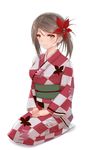  absurdres amagi_(kantai_collection) breasts brown_eyes brown_hair checkered checkered_kimono cloud_print flower folded_ponytail full_body furisode hair_between_eyes hair_flower hair_ornament hands_on_lap highres japanese_clothes kamome_donburi kantai_collection kimono large_breasts leaf_print light_smile long_hair looking_at_viewer obi ponytail sash solo 
