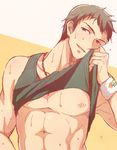 abs brown_hair idolmaster idolmaster_side-m jewelry male_focus muscle naughty_face necklace nipples parted_lips pectorals shingen_seiji shirt_lift smile solo sweat tammyhakoishi upper_body wristband 