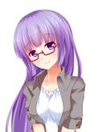  alternate_costume bespectacled blouse blush breasts closed_mouth collarbone commentary_request glasses head_tilt hime_cut jacket long_hair looking_at_viewer medium_breasts merukiarisu open_clothes open_jacket patchouli_knowledge purple_eyes purple_hair red-framed_eyewear semi-rimless_eyewear smile solo touhou under-rim_eyewear upper_body white_background white_blouse 