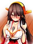  between_breasts black_hair blush breasts brown_eyes cellphone choker cleavage collarbone commentary eyebrows eyebrows_visible_through_hair from_above hair_between_eyes hair_ornament hairclip hands_on_own_chest haruna_(kantai_collection) headgear heart_lock_(kantai_collection) highres indoors kantai_collection large_breasts long_hair phone remodel_(kantai_collection) solo tawawa_challenge translated tsukui_kachou wooden_floor 