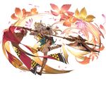  animal_ears aqua_eyes axe bag bare_shoulders dark_skin erune feathers flower full_body gloves granblue_fantasy grey_hair hair_ornament holding holding_weapon huge_weapon long_hair looking_at_viewer minaba_hideo nemone official_art pelvic_curtain petals sandals smile solo thighhighs transparent_background weapon 