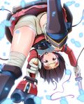  bandaged_leg bandages blue_ribbon blurry brown_hair depth_of_field dual_wielding foreshortening from_below gloves gun hakama_skirt holding holding_gun holding_weapon koutetsujou_no_kabaneri mumei_(kabaneri) panikuru_yuuto perspective ribbon short_hair shorts shorts_under_skirt solo weapon 