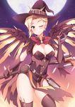  blonde_hair blue_eyes breasts cleavage eyebrows eyebrows_visible_through_hair full_moon gun halloween hat high_ponytail large_breasts long_hair mechanical_wings mercy_(overwatch) mmrailgun moon one_eye_closed overwatch smile solo staff thighhighs weapon wings witch_hat yellow_wings 