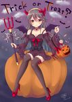  alternate_costume bat black_hair black_legwear blush bow breasts brown_eyes choker cleavage commentary_request dated detached_sleeves diadem fake_horns full_body hair_ornament hairclip halloween haruna_(kantai_collection) heart-shaped_lock heart_lock_(kantai_collection) high_heels jack-o'-lantern kantai_collection large_breasts long_hair polearm pumpkin ribbon-trimmed_sleeves ribbon_trim sato_ame shoe_bow shoes signature sitting solo thighhighs trick_or_treat trident weapon wings zettai_ryouiki 