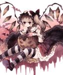  bad_id bad_pixiv_id bat blonde_hair bow colored_pencil_(medium) commentary dripping flandre_scarlet frilled_skirt frills hair_bow halloween hat head_rest highres jack-o'-lantern marker_(medium) mob_cap muted_color red_eyes side_ponytail sitting skirt smile solo striped striped_legwear thighhighs touhou traditional_media wings wiriam07 zettai_ryouiki 