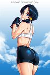  ass back bike_shorts black_hair commentary dragon_ball dragon_ball_z gloves highres reydart solo sports_bra twintails videl 