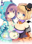  :p animal_print bat_print bat_wings blonde_hair blue_eyes blush bow breast_press breasts claws detached_collar detached_sleeves girlish_number hairband halloween halloween_costume hat hat_bow hood horned_headwear horns jack-o'-lantern jewelry karasuma_chitose_(girlish_number) kugayama_yae medium_breasts mini_wings multiple_girls necklace official_art open_mouth pom_pom_(clothes) puffy_detached_sleeves puffy_sleeves red_eyes red_hair short_hair striped_sleeves tongue tongue_out transparent_background wings 