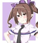  3: blush bow breast_lift breasts brown_eyes brown_hair collared_shirt frown hair_bow hair_ribbon hat highres himekaidou_hatate kz_oji long_hair necktie pointy_ears rei_no_himo ribbon shirt small_breasts solo tokin_hat touhou twintails upper_body v-shaped_eyebrows wavy_mouth 