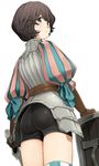  ass black_hair blush from_behind gloves kumadano looking_at_viewer looking_back looking_down puff_and_slash_sleeves puffy_sleeves rodelero_(tree_of_savior) shield short_hair solo striped striped_legwear sweatdrop sword swordman_(tree_of_savior) tree_of_savior weapon white_background 