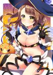  beatrix_(granblue_fantasy) black_gloves blush breasts brown_hair cleavage clenched_teeth eyebrows eyebrows_visible_through_hair gloves granblue_fantasy halloween hat jack-o'-lantern large_breasts long_hair looking_at_viewer navel neon_ui pumpkin smile solo sparkle teeth witch_hat yellow_eyes 