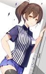  black_legwear brown_hair commentary_request dutch_angle employee_uniform hand_on_hip highres kaga_(kantai_collection) kantai_collection lawson light_brown_eyes looking_at_viewer meth_(emethmeth) miniskirt opening_door pleated_skirt side_ponytail skirt solo thighhighs uniform zettai_ryouiki 