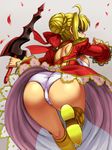  :d aestus_estus ahoge ass back blonde_hair breasts epaulettes fate/extra fate_(series) holding holding_sword holding_weapon kuromon large_breasts looking_at_viewer nero_claudius_(fate) nero_claudius_(fate)_(all) open_mouth panties pantyshot petals smile solo sword underwear weapon white_panties 
