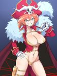  blue_eyes breasts cape cleavage cowboy_shot doriyamatsurugi fur_trim gloves grin hat highres lalaco_godspeed looking_at_viewer navel pirate_hat red_hair revealing_clothes smile solo thighs thumbs_down uchuu_patrol_luluco 