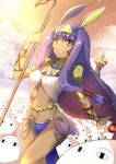  :d absurdres big_hair bracelet breasts commentary_request cowboy_shot dark_skin day earrings egyptian egyptian_clothes facial_mark fate/grand_order fate_(series) grimjin hair_tubes hairband highres holding holding_staff hoop_earrings jewelry loincloth long_hair looking_at_viewer medjed midriff navel nitocris_(fate/grand_order) open_mouth purple_eyes purple_hair sidelocks small_breasts smile staff stomach sunlight teeth very_long_hair 