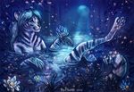  2016 4_toes 5_fingers anthro blue_hair digitigrade feline female flashw fur grey_stripes hair mammal moon night nude outside partially_submerged solo striped_fur stripes tiger toes water white_fur 
