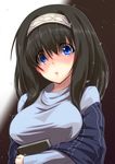  black_hair blue_eyes blue_shirt blush book breasts commentary_request eyes_visible_through_hair hair_between_eyes hairband holding holding_book idolmaster idolmaster_cinderella_girls large_breasts long_hair looking_at_viewer off-shoulder_sweater ribbed_sweater sagisawa_fumika shirt solo sweater tanatoth upper_body 