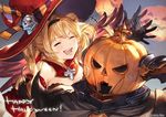  1girl bazaraga draph granblue_fantasy halloween halloween_costume happy_halloween helmet jack-o'-lantern lowres minaba_hideo official_art pumpkin sweatdrop watermark witch zeta_(granblue_fantasy) 