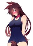  alternate_costume animal_ears arms_behind_back bad_id bad_twitter_id between_legs blue_swimsuit blush breasts brown_hair closed_mouth collarbone commentary_request covered_navel cowboy_shot hair_over_one_eye highres imaizumi_kagerou large_breasts long_hair mamedenchi nose_blush one-piece_swimsuit red_eyes school_swimsuit solo swimsuit tail tail_between_legs touhou wavy_mouth wolf_ears wolf_tail you_(noanoamoemoe) 
