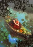  blurry boat brown_hair depth_of_field dress flower from_above head_down highres lake leaf leg_hug lily_(flower) lily_pad long_hair moryo original red_dress sad scenery sitting solo tree water watercraft 