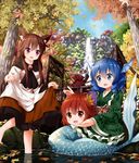  :d animal_ears autumn_leaves barefoot blue_eyes blue_hair blush bridge brooch cape cellphone commentary_request day disembodied_head dress drill_hair floating forest grass_root_youkai_network hair_ornament head_fins highres imaizumi_kagerou japanese_clothes jewelry kimono leaf_hair_ornament lifted_by_self long_sleeves looking_at_another mermaid monster_girl multiple_girls nature obi open_mouth outdoors partially_submerged phone red_eyes red_hair river ruu_(tksymkw) sash sekibanki sidelocks skirt_hold smartphone smile touhou wading wakasagihime water waterfall wide_sleeves wolf_ears 