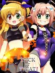  awa black_panties blonde_hair blush choker covered_nipples crop_top elbow_gloves garter_straps gloves green_eyes grin hair_ribbon halloween heterochromia horns leotard long_hair lyrical_nanoha mahou_shoujo_lyrical_nanoha_vivid midriff miura_rinaldi multiple_girls navel open_mouth panties pantyhose pink_hair pumpkin red_eyes ribbon short_hair skirt smile standing teeth thighhighs underwear vivio 