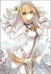  blonde_hair bodysuit breasts bridal_veil chocoan commentary dress fate/extra fate/extra_ccc fate_(series) flower gloves green_eyes looking_at_viewer medium_breasts nero_claudius_(bride)_(fate) nero_claudius_(fate)_(all) petals solo veil wedding_dress white_bodysuit white_gloves zipper 