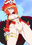  bad_anatomy blue_eyes breasts cape cleavage cowboy_shot fur_trim gloves grin hat lalaco_godspeed looking_at_viewer navel nishiumi_yuuta pirate_hat red_hair revealing_clothes smile solo thighs uchuu_patrol_luluco 