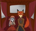  2016 anthro canine carriage clothed clothing coat crossed_arms disney duo english_text female fox judy_hopps lagomorph male mammal nick_wilde rabbit sitting story story_in_description text thephantombeyond zootopia 
