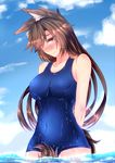  absurdres alternate_costume animal_ears arms_behind_back bad_id bad_twitter_id between_legs blue_swimsuit blush breasts brown_hair closed_mouth cloud cloudy_sky collarbone commentary_request covered_navel cowboy_shot day hair_over_one_eye highres imaizumi_kagerou karasuma_amiru large_breasts long_hair mamedenchi nose_blush ocean one-piece_swimsuit red_eyes school_swimsuit sky solo swimsuit tail tail_between_legs touhou wading wavy_mouth wet wolf_ears wolf_tail 