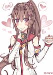  bad_anatomy bad_hands bare_shoulders blush brown_hair cake commentary food fork fork_in_mouth fruit heart kantai_collection kvlen long_hair looking_at_viewer pink_eyes plate ponytail smile solo spoken_heart strawberry upper_body yamato_(kantai_collection) 