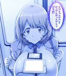  1girl blue blush_stickers breasts cellphone commentary_request earbuds earphones hair_ornament hairclip huge_breasts kashi looking_at_viewer monochrome narusawa_ryouka necktie object_on_breast occultic;nine phone short_hair smartphone smile solo tablet_pc tawawa_challenge translation_request 