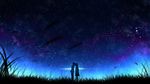  1girl grass highres night night_sky outdoors red_flowers scenery silhouette sky star_(sky) starry_sky 