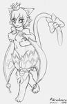  2016 anthro bell bow breasts cait_sith cape cat clothed clothing crown feline female fur hair holding_breast looking_at_viewer mammal marukomuru monster monster_girl monster_girl_(genre) monster_girl_encyclopedia navel ribbons royalty short_hair simple_background sketch solo tail_bow tail_ribbon 